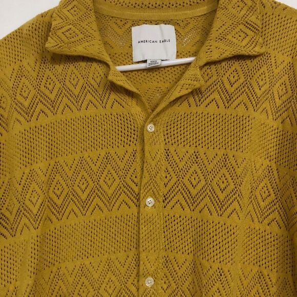American Eagle Womens Crochet Shirt Button Down Short Sleeve Mustard Size Medium - Picture 4 of 7